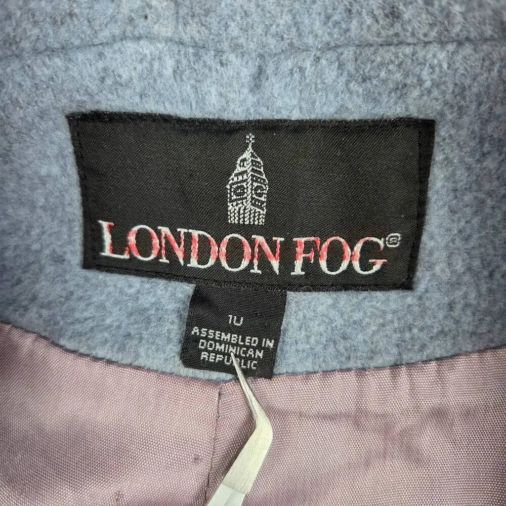 London Fog Size 10 Blue-Gray Wool Button Down Car Coat Detachable Hood